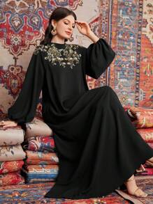 Al Najma Embroidered Lantern Sleeve Dress With Patchwork - Black - View 5
