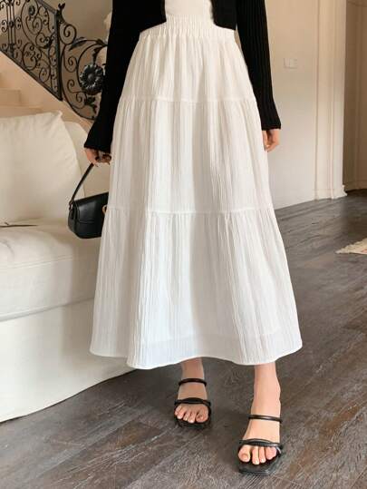 Dazy Designer 纯色弹力腰带层叠下摆半身裙，女士休闲荷叶边长款宽松自然白纯色女裙，春秋季，休闲日常穿着