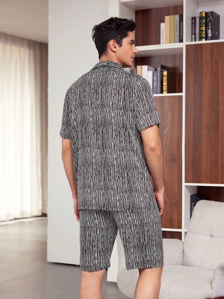 Men's Black Animal Print Regular Sleeve Collar Fabric Pajama Set With Pockets Long Loungewear