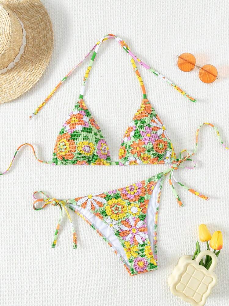 Summer Beach Women's Floral Print Halter Neck Tie Bikini Set