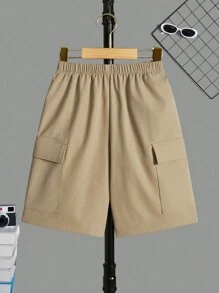 SHEIN 男孩純色整體風格工裝短褲 - 卡其色 - 查看 1