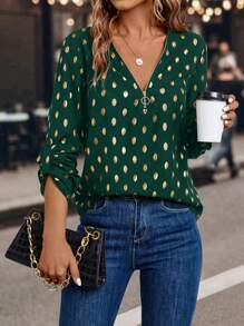 SHEIN LUNE Women's Polka Dot Print Shirt With Rolled Cuff And Golden Foil Detail - Green - View 1