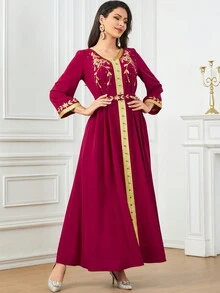 Gewebtes Kleid für Frauen mit Perlenbestickter Patchwork-Gürtel - Rot - Übersicht 3