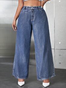 SHEIN ICON 加大碼女士高腰寬腿牛仔褲 - 淺色水洗藍 - 查看 4