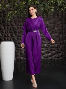 Modelyn 女式不對稱長袖束帶阿拉伯風格連身裙 - 紫色 - 查看 7