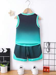 SHEIN Young Boy Basketball Style 2pcs/Set Printed Tank Top And Shorts Set, School, Campus, College - Mint Green - View 2