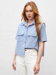 BizChic Women's Solid Color Flip Pocket Shirt - Blue - View 7