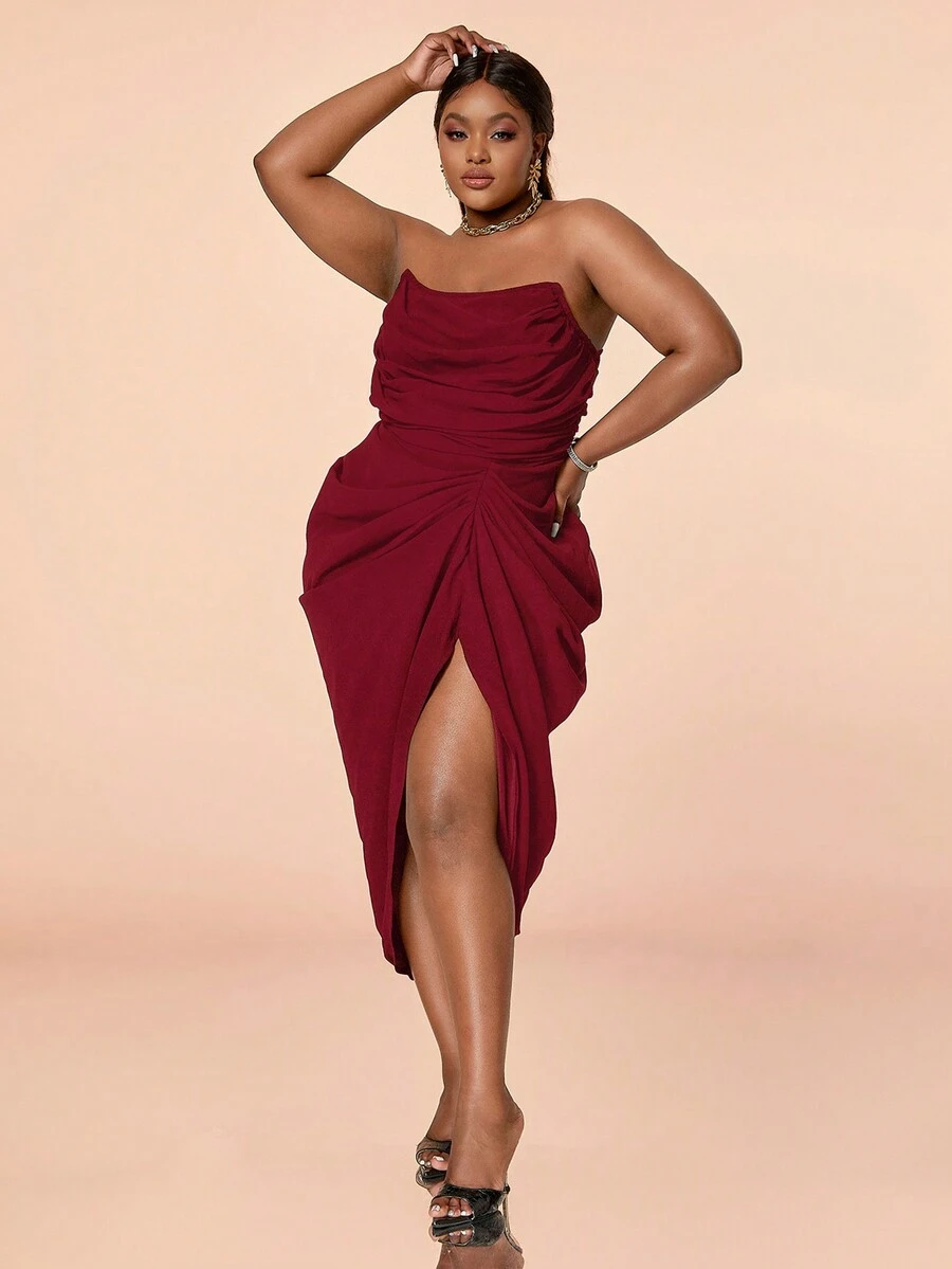 加肥雪紡束腰胸衣,垂墜褶皺劈形設計,充滿自信性感的洋裝 - 酒紅色 - 查看 1