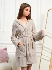 SHEIN Teen Girl Snug Fit Dressing Gown With Pocket Detail - Beige - View 6