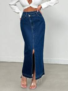 EURMUSE Women's Irregular Waist High Side Split Long Denim Skirt - Medium Wash - View 1