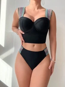 SHEIN Swim Summer Women's Herringbone Woven Cami Bikini Carnival - Black - View 3