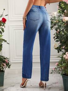 SHEIN Privé 女性破洞直筒牛仔褲 - 藍色 - 查看 2