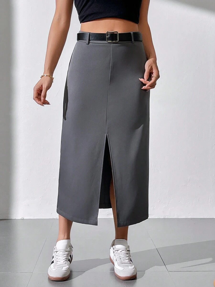 SHEIN Essnce Women's Solid Color Side Slit Skirt Without Belt - Multicolor - View 1