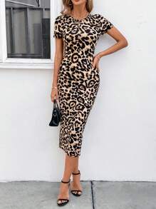SHEIN Clasi 女士豹紋圓領短袖連身裙