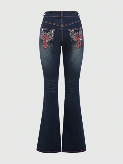 Fairycore Jeans Évasés Vintage Du Millénaire Y2k De La Saint-valentin Avec Broderie En Croix Et Ailes Et Poches