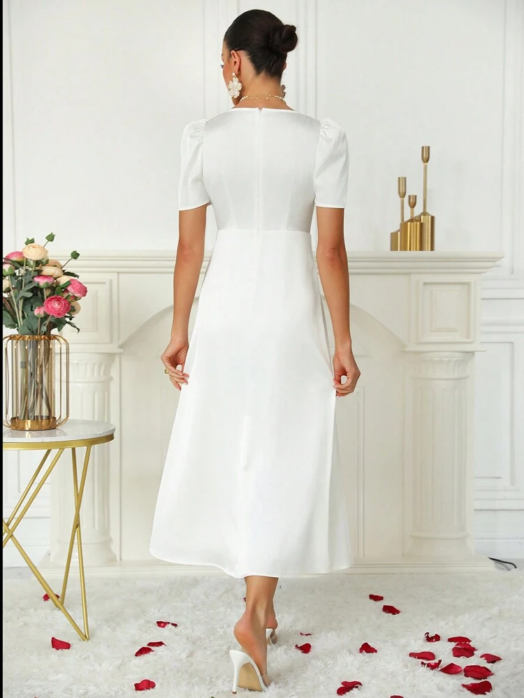 Deep V-Neck Puff Sleeve Lace Patchwork A-Line Dress