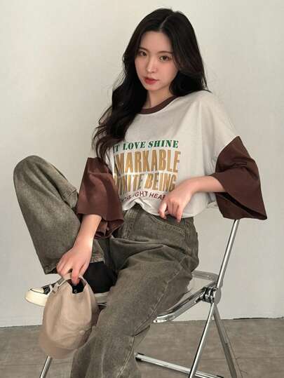 DAZY Camiseta de mujer estampada con lema, color block, LET LOVE SHINE REMARKABLE INFINITE BEING TH THE RIGHT HEART, camiseta de verano oversize, gráfica