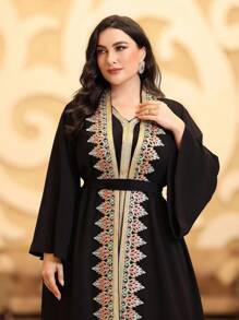 Al Najma Plus Size Embroidery Patchwork Jacket & Woven Belt Patchwork Dress
