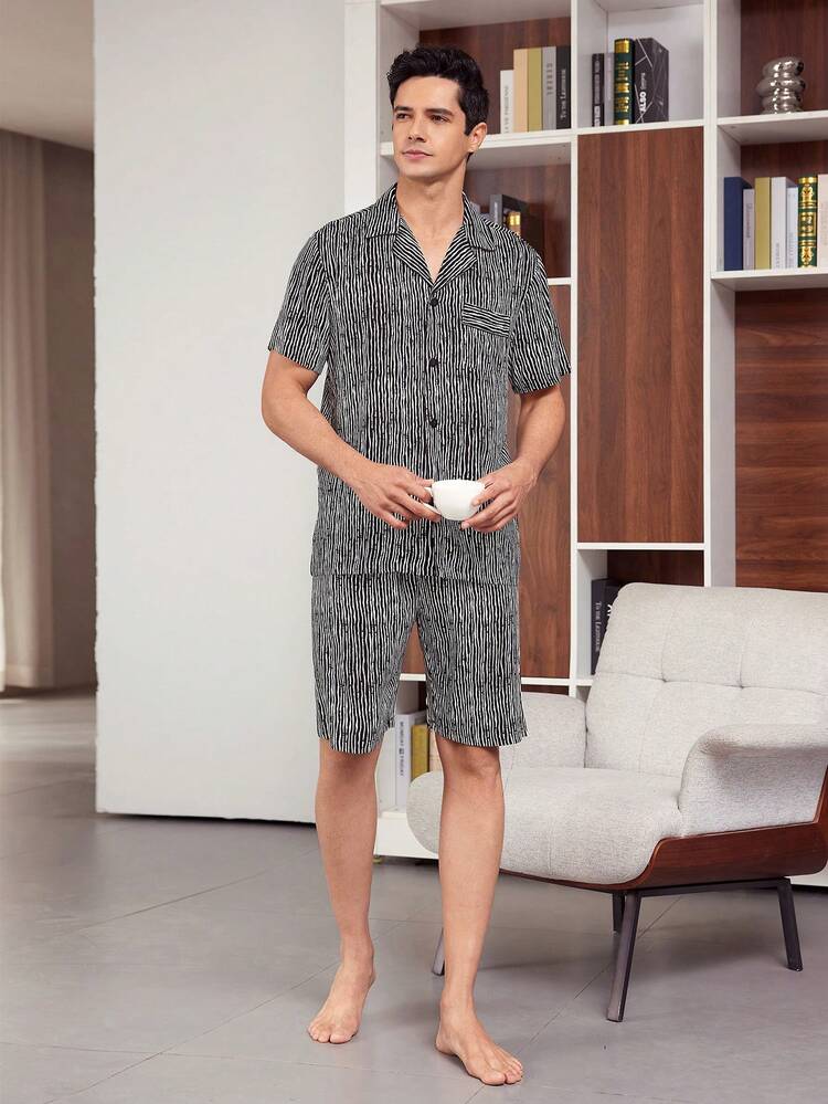Men's Black Animal Print Regular Sleeve Collar Fabric Pajama Set With Pockets Long Loungewear
