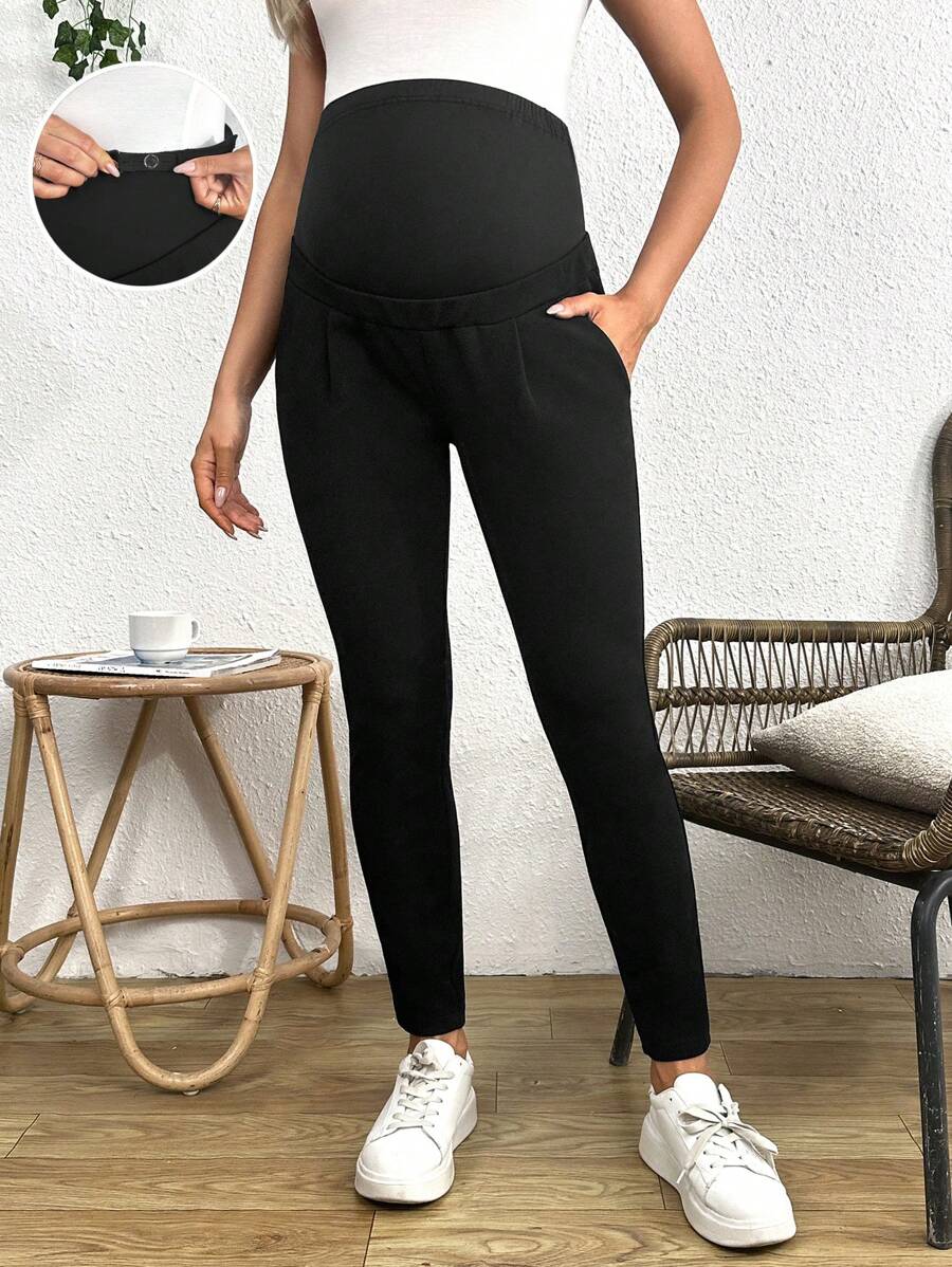 SHEIN Maternity Casual Solid Color Adjustable High Waist Cropped Pants - Black - View 1