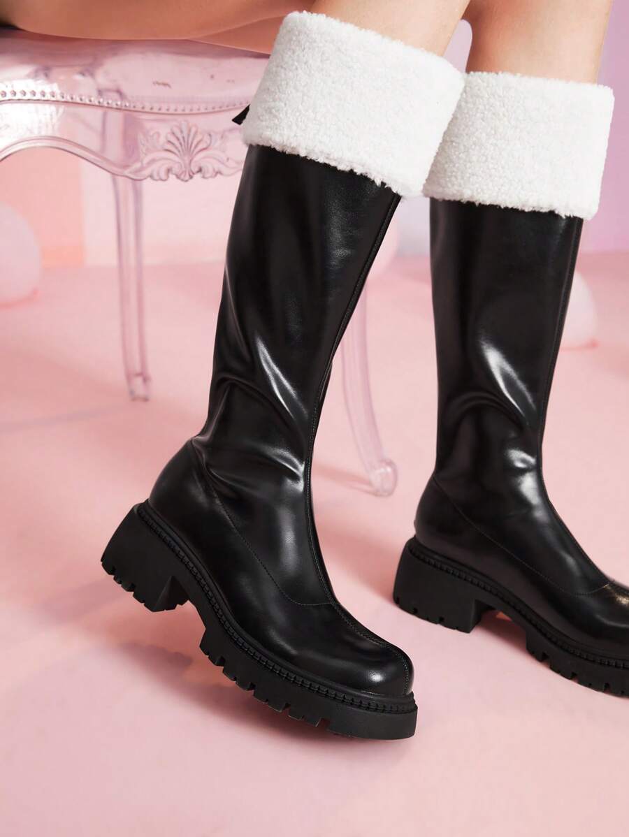 Two Tone Knee High Chunky Heeled Boots