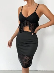 Zolique Ladies' Lace Trimmed Camisole Top & High Waist Skirt Set - Black - View 5