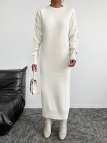 EURMUSE Solid Drop Shoulder Sweater Dress Without Belt - Beige - View 3