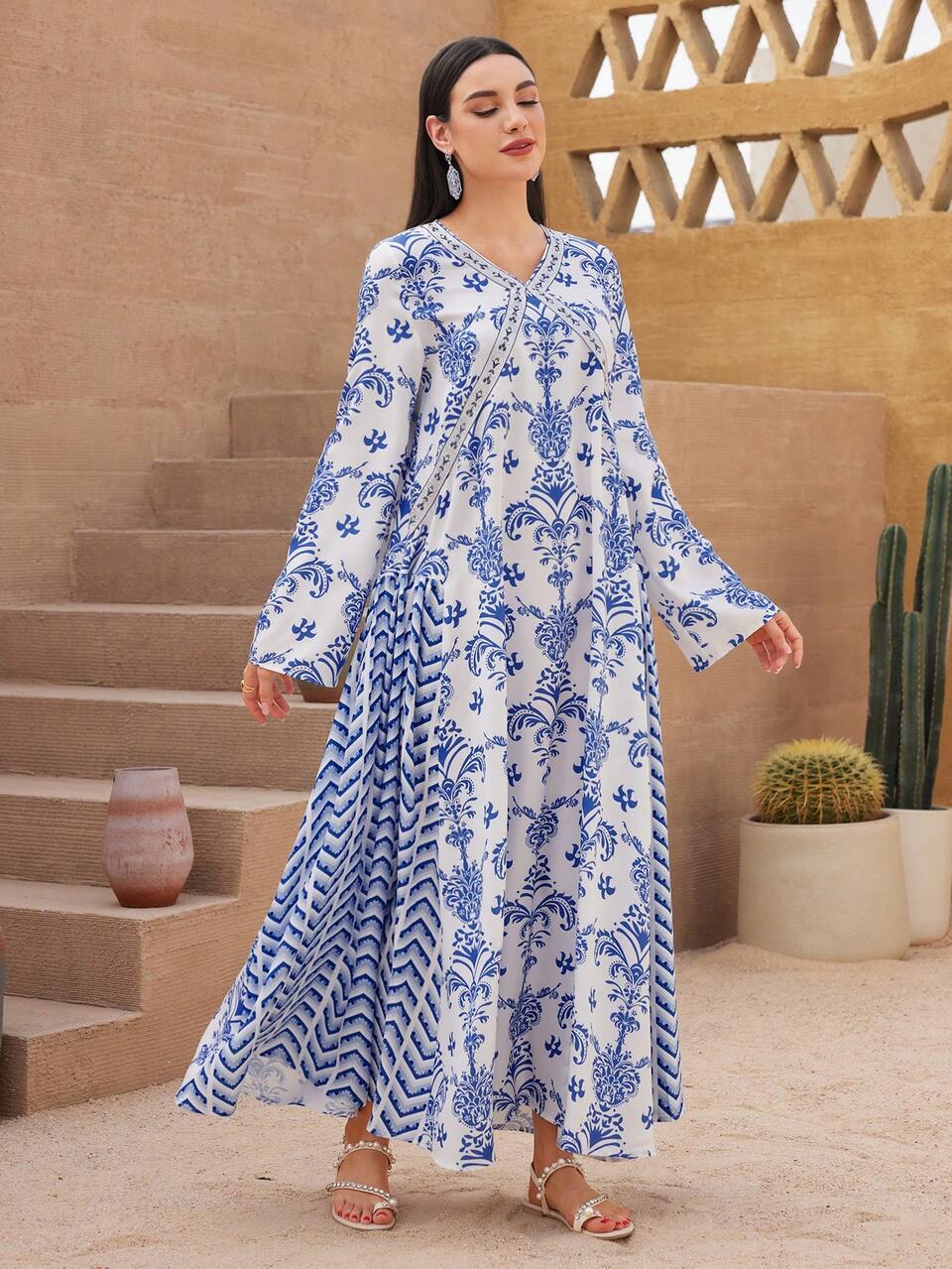 Women's Floral Print Long Sleeve Summer Casual Arabian Dress