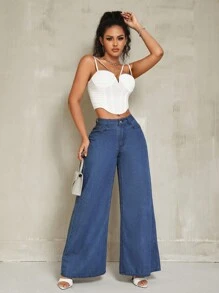 Women's High Waist Wide Leg Jeans - Medium Wash - View 4