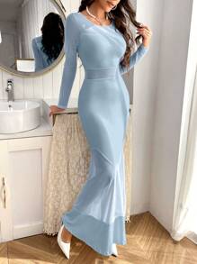 SHEIN Privé Colorblock Mermaid Hem Dress - Blue - View 3