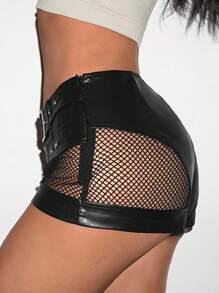 SHEIN ICON Low Rise Fishnet Insert Y2k Black Hot Pants - Black - View 8