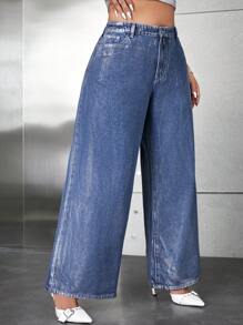 SHEIN ICON 加大碼女士高腰寬腿牛仔褲 - 淺色水洗藍 - 查看 1