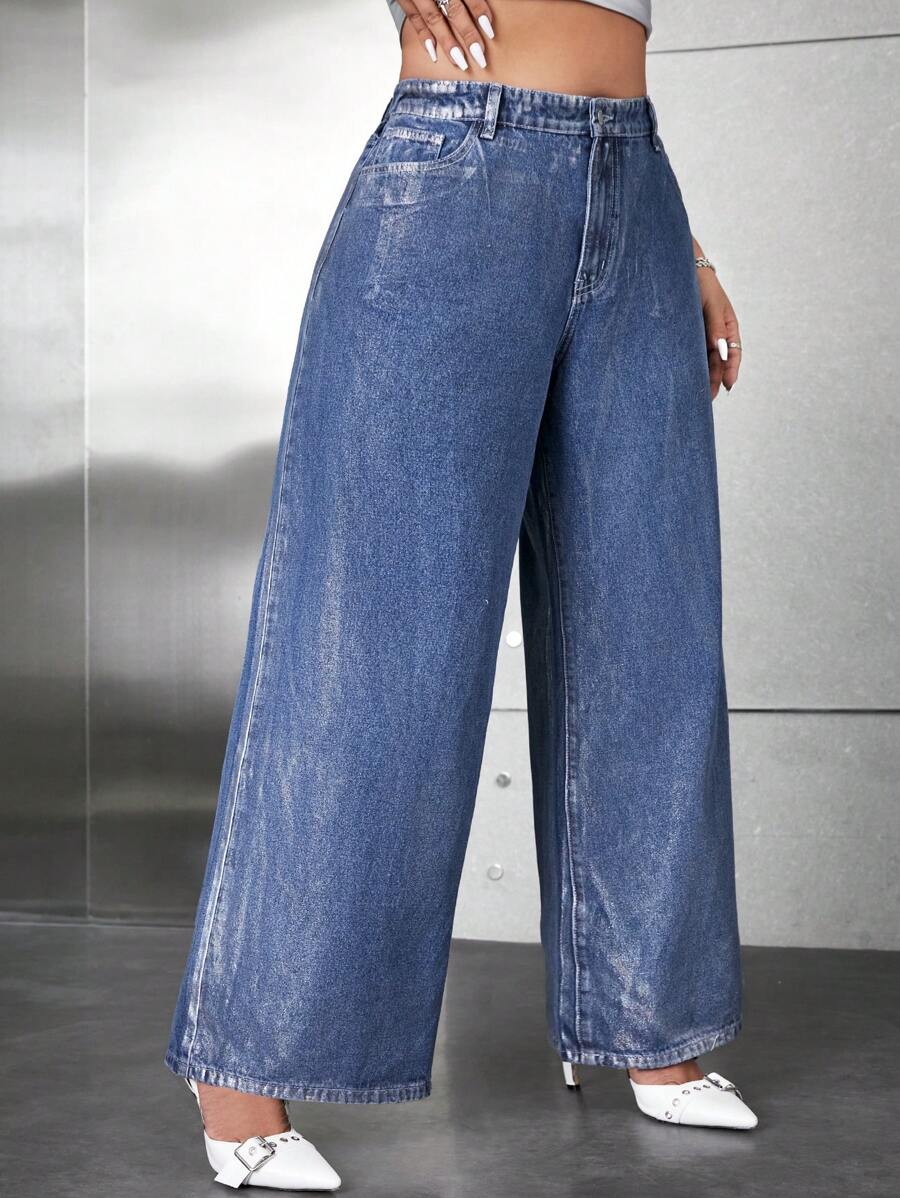 SHEIN ICON 加大碼女士高腰寬腿牛仔褲 - 淺色水洗藍 - 查看 1