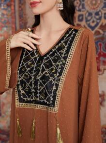 Al Najma Ladies' Arabesque Embroidery Fringed Decorated Dress - Dusty Pink - View 8