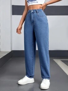 SHEIN EZwear Women's High Waist Straight Leg Denim Jeans - Blue - View 5