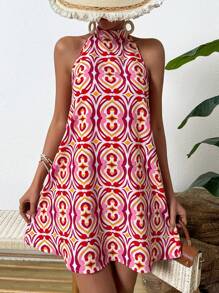 SHEIN LUNE Women's Printed Halter Neck Dress - Red - View 6