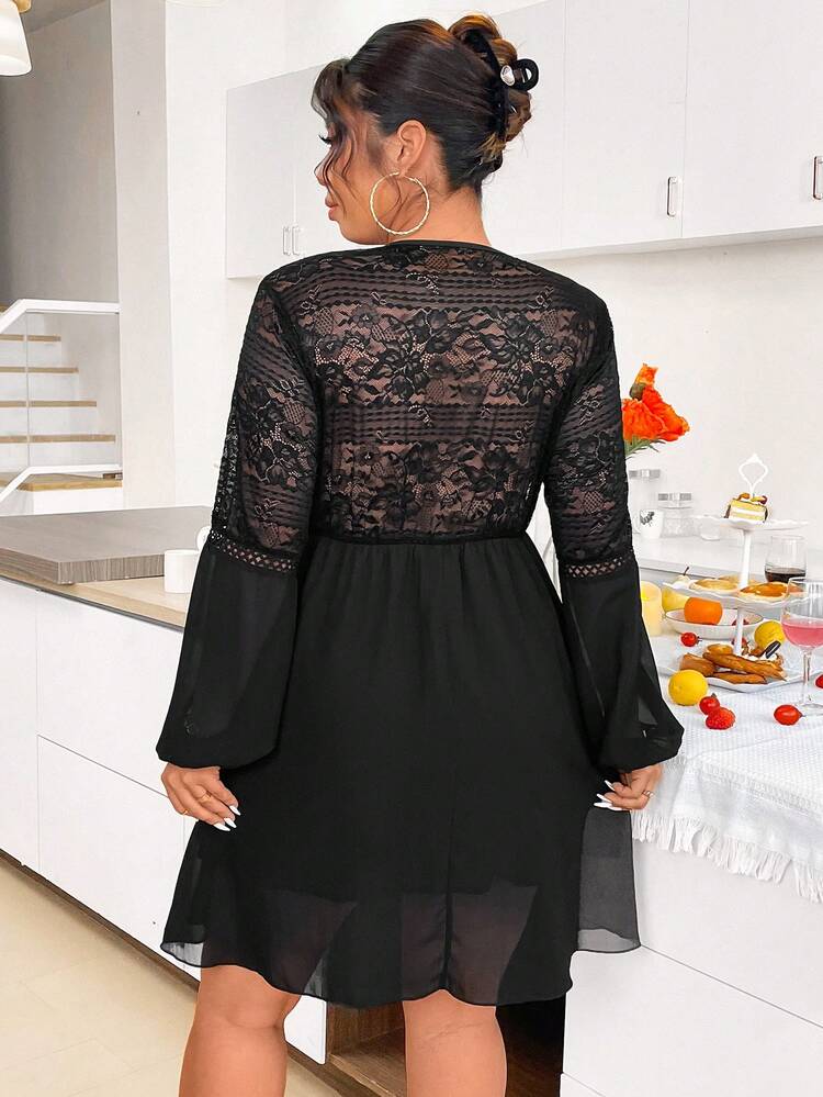 Plus Size Women's Patchwork Lace Lantern Sleeve Dress