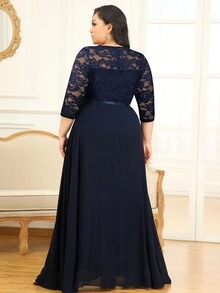 MIUSOL 加大花朵蕾丝撞色雪纺七分袖正式派对长裙、节日女式长裙、优雅女式派对裙、正式晚礼服、舞会礼服、婚礼宾客、毕业典礼、晚宴 - 藏蓝色 - 查看 2