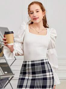 SHEIN Teen Girl's Elegant Puff Sleeve Blouse With Plaid Print Skirt Set - White - View 5