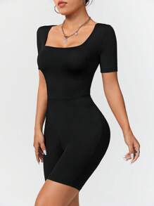SHEIN EZwear 黑色方领短袖短款连体裤，适合夏季女士修身紧身连体裤 - 黑色 - 查看 4