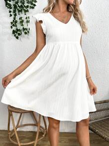 SHEIN Maternity Casual Loose Fit V-Neck Ruffle Hem Dress - White - View 3