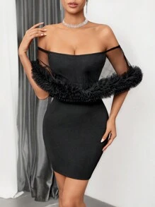 Allurite Robe Épaules Dénudées Pour Femmes Avec Panneau Transparent Et Détails De Pliage, Coupe Slim