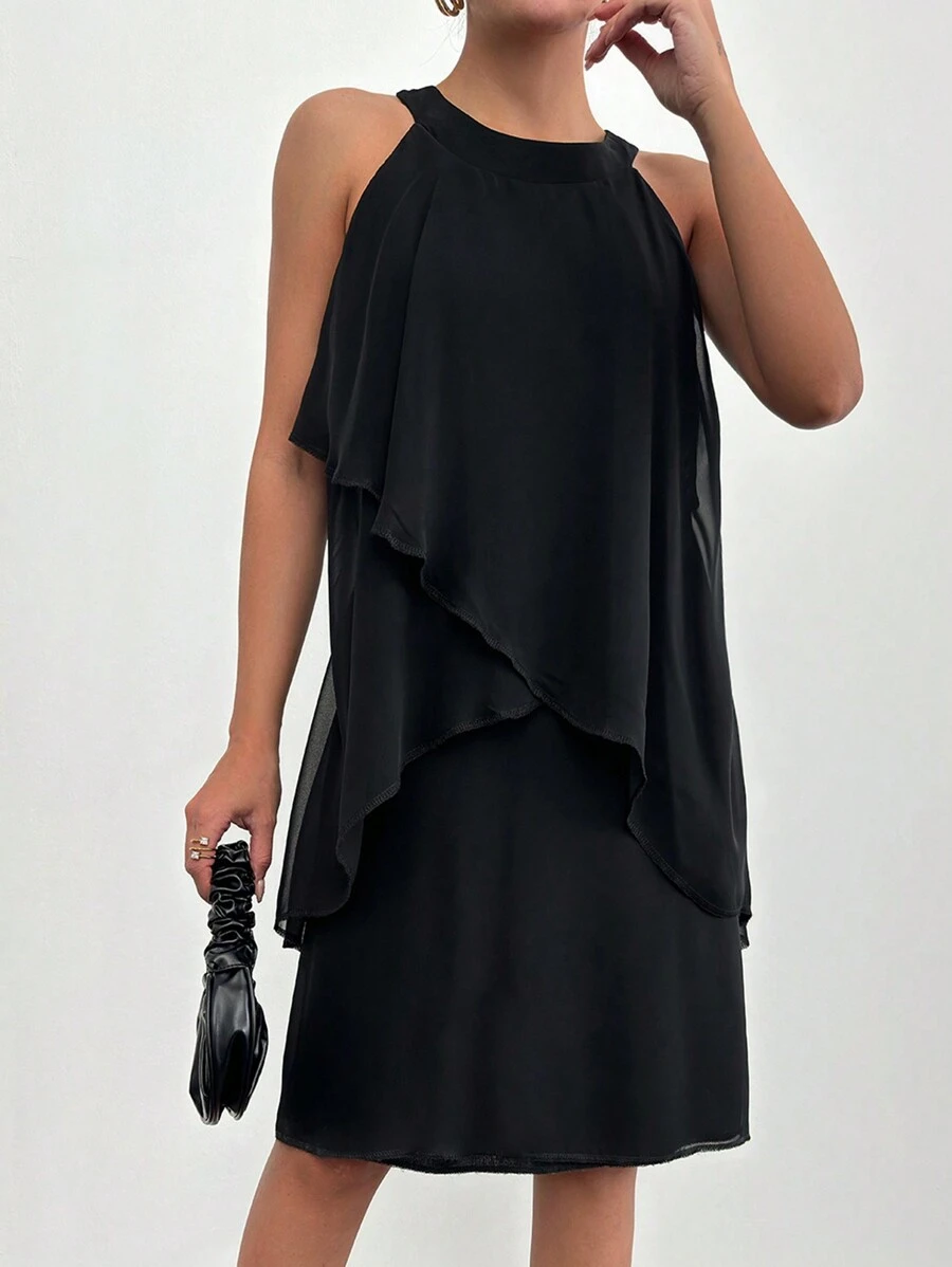 RueChic Women's Splice Halter Neck Ruffle Hem Dress - Black - View 1