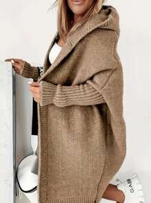 Casual Long Sleeve Hooded Knitted Cardigan, Autumn/Winter - Khaki - View 1