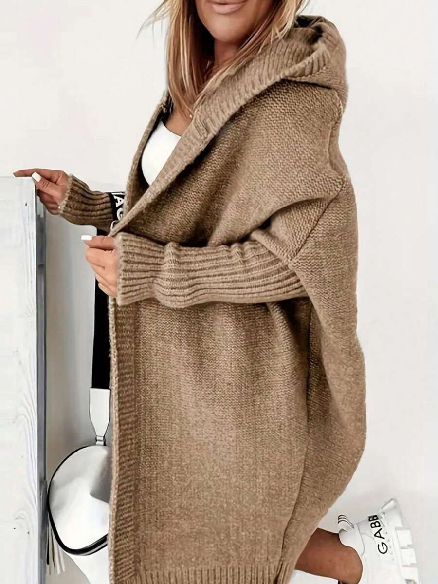 Casual Long Sleeve Hooded Knitted Cardigan, Autumn/Winter - Khaki - View 1