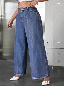 SHEIN ICON 加大碼女士高腰寬腿牛仔褲 - 淺色水洗藍 - 查看 3