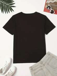 SHEIN 大码女式肖像印花短袖 T 恤图案 T 恤女式上衣 - 黑色 - 查看 2