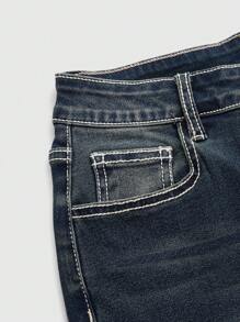 ROMWE Grunge Punk Quần Jeans Ống Loe Họa Tiết Ngôi Sao Mặt Trăng Cổ Điển Y2k, Trang Trí Đính Đá, Dành Cho Trường Học - Màu xanh hải quân - Xem 3