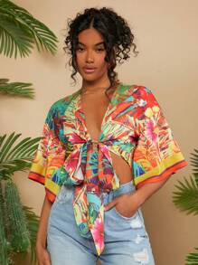 Travachic Blusa Corta Tropical Para Mujer Con Estampado Y Lazo En La Parte Delantera Y Mangas Acampanadas Para Vacaciones