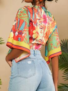 Travachic Blusa Corta Tropical Para Mujer Con Estampado Y Lazo En La Parte Delantera Y Mangas Acampanadas Para Vacaciones